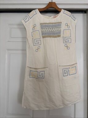 Tory Burch Cream Mini Dress with Blue and Yellow Embroidery